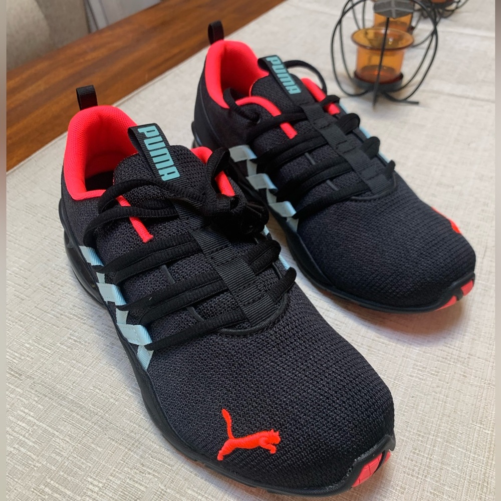 Puma Black and Neon Red Athletic Shoes